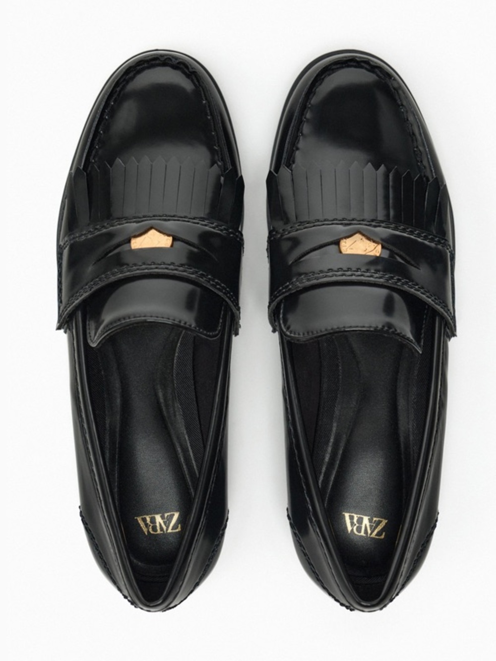 ZARA Flat Penny Loafers with Metal Detail in Black Patent Size 41